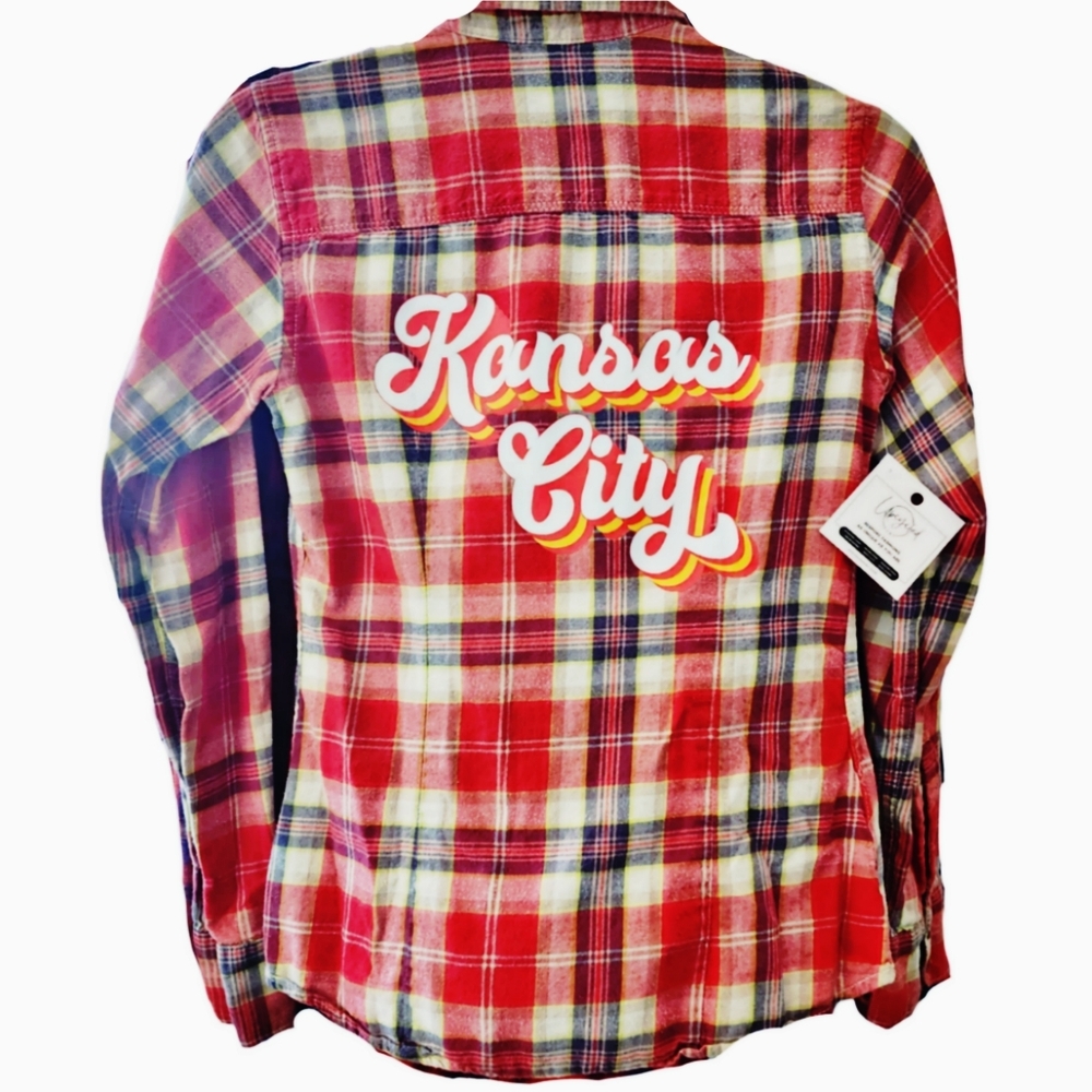 Kansas City Chiefs Upcycled Red & Gray Plaid Button Down Shirt, Size XS